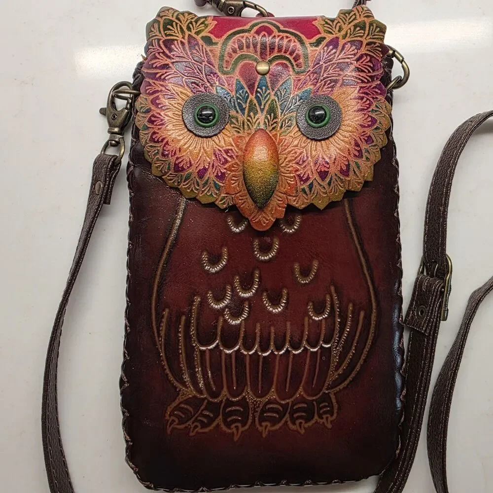 Genuine Leather Colorful Owl Cross-body Wallet/Purse